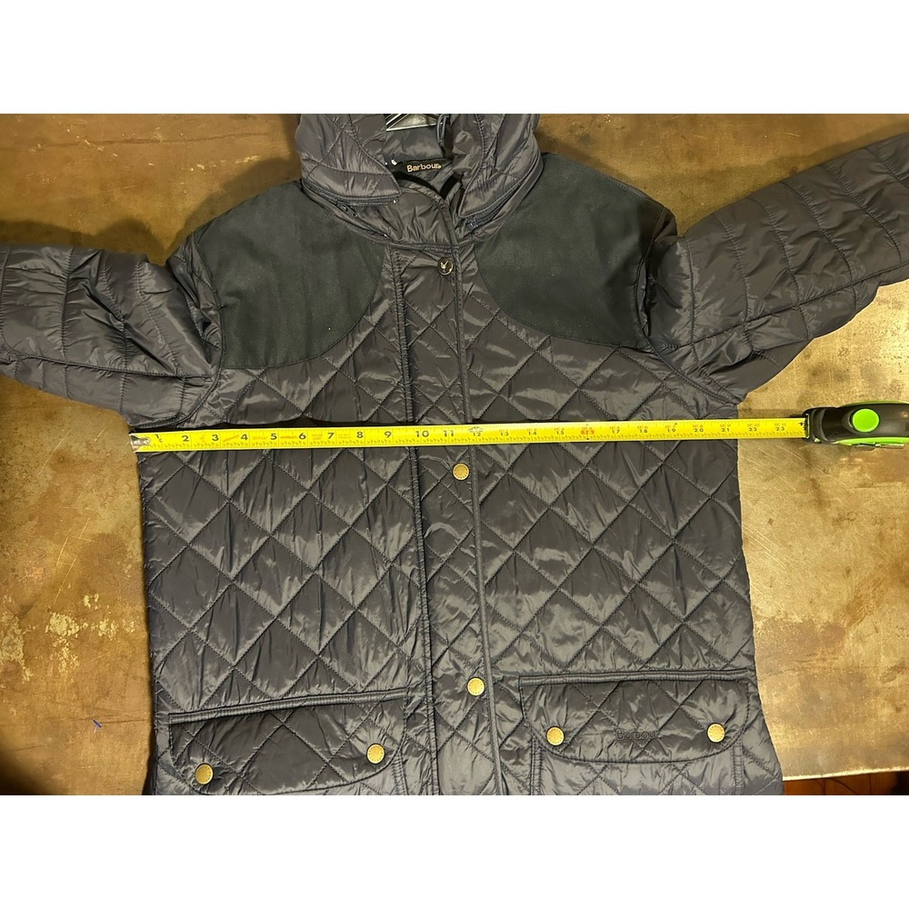 Barbour Greenfinch Midi Jacket Womens Sz 12 Navy Blue Hooded Shoulder Patches - Picture 12 of 14
